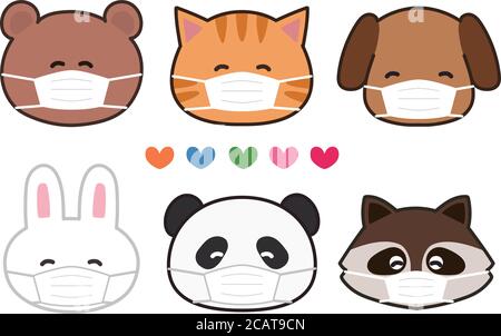 Groupe d'animaux heureux portant des masques pour prévenir la maladie. Illustration vectorielle isolée sur fond blanc. Illustration de Vecteur