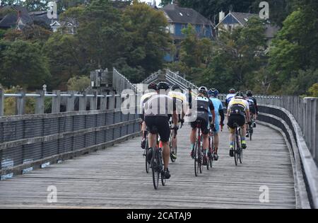 Un groupe de cyclistes traverse le Selkirk Trestle à Victoria, en Colombie-Britannique, au Canada, sur l'île de Vancouver. Banque D'Images