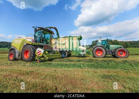 BAVIÈRE / ALLEMAGNE - AOÛT 07,2020 : une moissonneuse Claas et un Fendt 926 avec une remorque Krone ZX400GL travaillent dans un champ. Banque D'Images