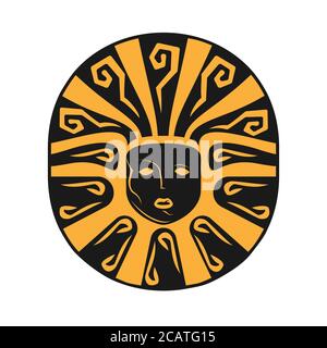 Symbole du soleil tribal aztèque au visage humain. Logo Vector Illustration de Vecteur
