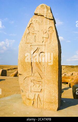 L'Egypte, Delta du Nil, Tanis, exposition de plusieurs objets anciens : en haut d'un obélisque, avec une partie de l'Horus nom d'un roi. Banque D'Images