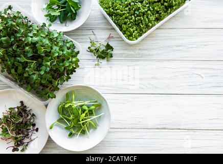 Assortiment de micro-verts sur fond de bois blanc, espace de copie, vue du dessus. Radis rouge, pois verts, tournesol et autres pousses dans des bols. Li sain Banque D'Images