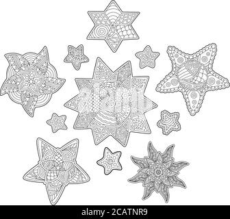 Belles étoiles décoratives sur fond blanc pour colorier les pages de livre Illustration de Vecteur