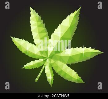 Cristal vert brillant en forme de feuille de cannabis sur fond sombre Illustration de Vecteur