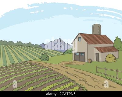 Graphique champ ferme couleur esquisse paysage illustration vecteur Illustration de Vecteur