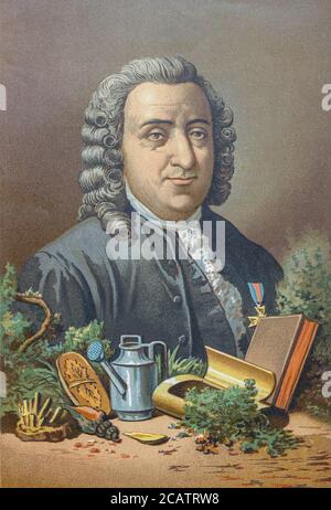 Carl Linnaeus [Linneo] Carl Linnaeus (23 mai 1707 – 10 janvier 1778), également connu après son ennoblatement comme Carl von Linné. Était un botaniste suédois, zoologiste et médecin qui formalise la nomenclature binomiale, le système moderne de dénomination des organismes. Il est connu comme le « père de la taxonomie moderne ». Beaucoup de ses écrits étaient en latin, et son nom est rendu en latin comme Carolus Linnæus (plus tard comme Carolus A Linné). D'après le livre la ciencia y sus hombres : vidas de los sabios ilutres desde la antigüedad hasta el siglo XIX T. 3 [Science et ses hommes: Vie des sages illustres de l'antiquité à t Banque D'Images