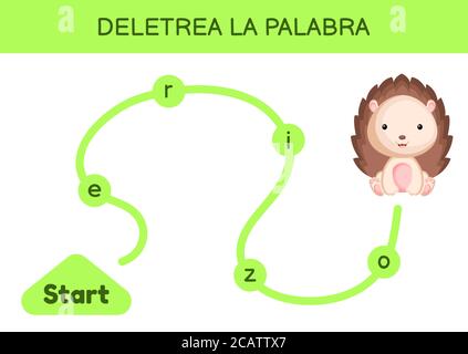 Deletrea la palabra - Spell le mot. Labyrinthe pour les enfants. Modèle de jeu de mots d'orthographe. Apprenez à lire le mot hedgehog. Page d'activité pour l'étude en espagnol Illustration de Vecteur