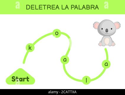 Deletrea la palabra - Spell le mot. Labyrinthe pour les enfants. Modèle de jeu de mots d'orthographe. Apprenez à lire le mot koala. Page d'activité pour l'étude en espagnol Illustration de Vecteur