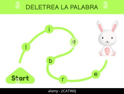 Deletrea la palabra - Spell le mot. Labyrinthe pour les enfants. Modèle de jeu de mots d'orthographe. Apprenez à lire le mot lièvre. Page d'activité pour l'étude en espagnol Illustration de Vecteur