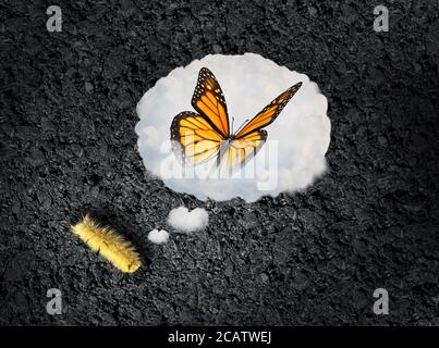 Concept d'ambition et idée d'aspiration en tant que caterpillar rêvant de devenir un papillon en tant que symbole de réussite et d'espoir pour le futur. Banque D'Images