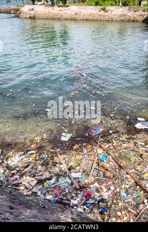 Un port à Cebu rempli de déchets plastiques flottants, Philippines. Banque D'Images