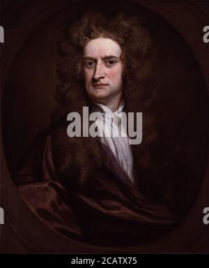 Portrait de Sir Isaac Newton, physicien anglais, mathématicien, astronome, philosophe de Sir Godfrey Kneller (école anglaise) 1702. Les découvertes de Newton (1643-1727) ont été prolifiques et ont exercé une influence énorme sur la science et la pensée. Ses théories de la gravité et ses trois lois du mouvement ont été décrites dans son plus grand travail, Philosophiae Naturalis Principia Mathematica, (1687) et il est crédité de découvrir le calcul différentiel. Il a également formulé des théories concernant l'optique et la nature de la lumière qui l'a conduit à construire le premier télescope réfléchissant. Fait chevalier par la reine Anne en 1705, Newton Banque D'Images