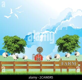 Scène rurale pittoresque avec un troupeau de moutons dans un champ de pâturage d'herbe placé contre un ciel bleu nuageux Banque D'Images