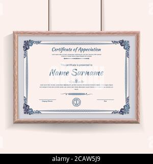 Bordure guilloche bleue officielle pour certificat. Illustration vectorielle. Certificat en bois beige. Modèle de texte Illustration de Vecteur
