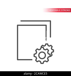 Icône de vecteur de ligne fine de traitement de documents. Document papier avec symbole roue dentée ou engrenage, contour, contour modifiable. Illustration de Vecteur