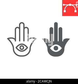 Icône de ligne et de glyphe de Hamsa, rosh hashanah et oeil de main, graphiques vectoriels de signe de hamsa, icône linéaire de trait modifiable, eps 10. Illustration de Vecteur