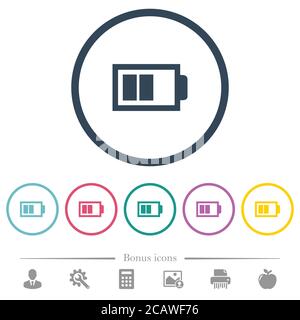 Demi-batterie avec deux unités de charge icônes de couleur plate dans des contours ronds. 6 icônes bonus incluses. Illustration de Vecteur