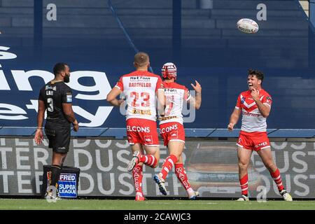 Lachlan Coote (1) de St Helens célèbre son essai Banque D'Images