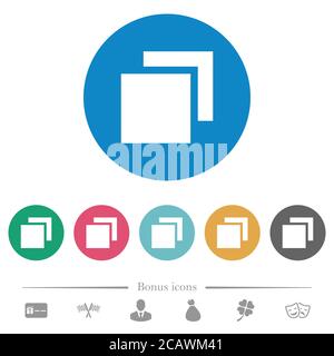 Chevauchement d'éléments icônes blanches plates sur des arrière-plans de couleur ronde. 6 icônes bonus incluses. Illustration de Vecteur