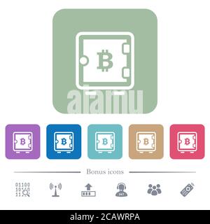 Icônes plates blanches de boîte forte Bitcoin sur des arrière-plans carrés de couleur arrondie. 6 icônes bonus incluses Illustration de Vecteur