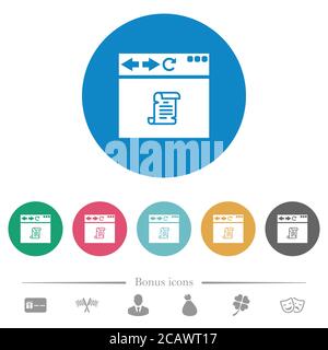 Navigateur exécutant des icônes de script blanc plat sur des arrière-plans de couleur ronde. 6 icônes bonus incluses. Illustration de Vecteur