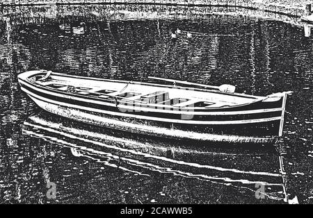 Vieux bateaux en bois usés sur la rive de la rivière. Illustration du vecteur usé. Arrière-plan noir et blanc. Illustration de Vecteur