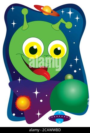 Monstres amusants dans l'espace. Vaisseau extra-terrestre dans l'univers, illustration vectorielle. Illustration de Vecteur