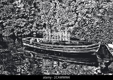 Vieux bateaux en bois usés sur la rive de la rivière. Illustration du vecteur usé. Arrière-plan noir et blanc. Illustration de Vecteur