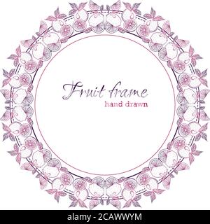 Cadre rond avec bordure de citron de fruits frais bio, orange. Illustration vectorielle dessinée à la main isolée sur fond blanc. Modèle avec illustration vintage. Conception d'affiches, d'emballages, de cartes postales Illustration de Vecteur