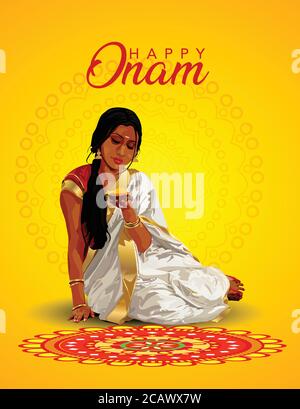 illustration vectorielle de message d'accueil happy onam. illustration d'une femme qui fait du pookalam pour onam Illustration de Vecteur