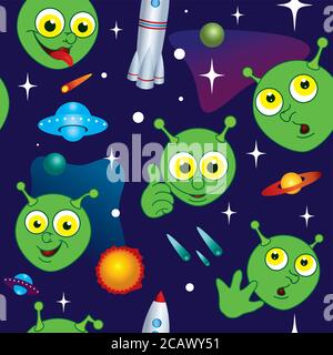 Motif sans couture avec l'image de monstres drôles dans l'espace. Vaisseau extra-terrestre dans l'univers, illustration vectorielle. Illustration de Vecteur