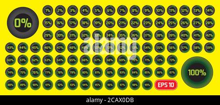 Ensemble de diagrammes de pourcentage de cercle de 0 à 100 pour cent. Modèle de barre de progression. Schéma de pourcentage défini pour l'infographie, l'interface utilisateur et la conception Web. Illustration de Vecteur