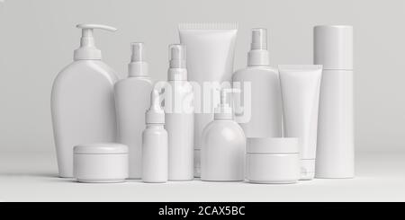 Produits cosmétiques blancs sur fond blanc. Flacons, récipients et tubes blancs vierges. Maquette. illustration 3d Banque D'Images