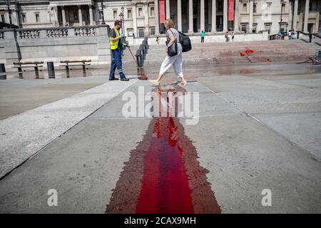 Londres, Royaume-Uni, août 09 2020: Extinction des militants de la rébellion couverture de «Fake Blood les escaliers de trafalgar sq pour la Journée internationale du monde Banque D'Images