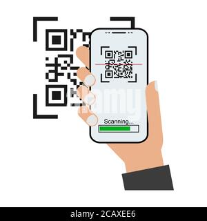 Icône plate du scanner Mobil avec une main isolée sur fond blanc. Illustration du vecteur du lecteur de code QR . Illustration de Vecteur