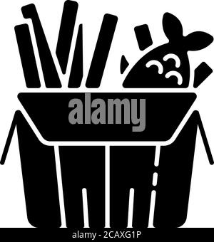 Icône de glyphe noir Fish and chips. Restauration rapide britannique. Repas anglais à emporter. Meilleur dîner frit national. La malbouffe australienne. Symbole de silhouette sur whi Illustration de Vecteur