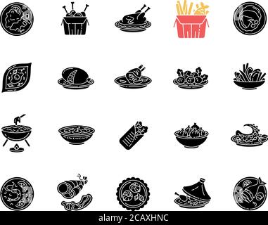 Les meilleures icônes de glyphe noir de plat national sont placées sur l'espace blanc. Repas traditionnel pour les attractions touristiques. Recette du déjeuner. Frites. Fruits de mer chinois. Silhou Illustration de Vecteur