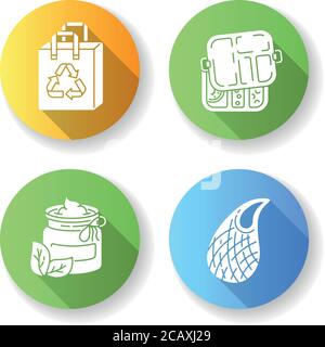 Produits sans danger pour l'environnement conception plate longue ombre glyphe icônes ensemble. Sac en maille, cosmétiques biologiques, sac réutilisable et boîte à lunch. Style de vie durable. Illustration de Vecteur
