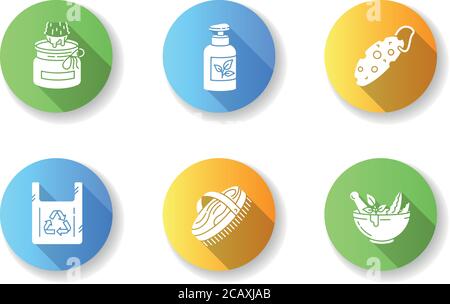 Produits écologiques conception plate longue ombre glyphe icônes ensemble. Un style de vie durable, sans gaspillage. Cosmétiques biologiques, sacs réutilisables et produits éco essentiels S Illustration de Vecteur