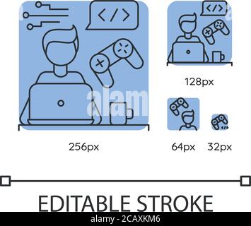 Jeu d'icônes linéaires bleues pour développeur de jeux. Freelance, programmeur de logiciel de jeu à distance. Illustrations vectorielles 256, 128, 64 et 32 px personnalisables en ligne fine. Illustration de Vecteur