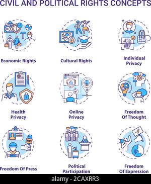 Icônes de concept des droits civils et politiques. Illustrations couleur RVB ligne fine de l'idée des droits de l'homme fondamentaux. Liberté d'expression et de presse. En ligne Illustration de Vecteur