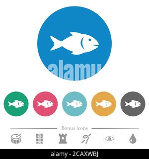 Poisson des icônes blanches plates sur des arrière-plans de couleur ronde. 6 icônes bonus incluses. Illustration de Vecteur