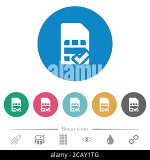 La carte SIM accepte des icônes blanches plates sur des arrière-plans de couleur ronde. 6 icônes bonus incluses. Illustration de Vecteur