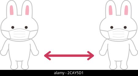 Personnage de lapin portant un masque chirurgical ou médical maintenir la distance sociale pour prévenir la propagation du virus et la prévention de la grippe. Illustration de Vecteur