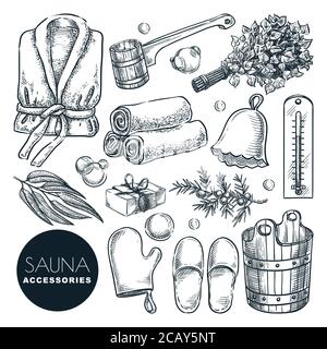 Ensemble d'accessoires et d'équipement pour sauna et salle de bain. Illustration d'esquisse vectorielle dessinée à la main. Éléments de design isolés pour le bain et le spa. Seau en bois, bouleau Illustration de Vecteur