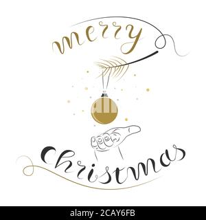 Texte Joyeux noël, branche de pin avec illustration de vecteur de boule. Illustration de Vecteur