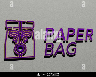 icône de sac de papier et texte sur le mur. Illustration 3D. Arrière-plan et résumé Banque D'Images