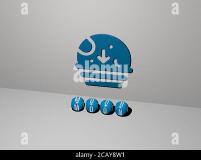 Représentation 3D de la lune avec icône sur le mur et texte disposé par des lettres métalliques cubes sur un sol miroir pour la signification du concept et la présentation du diaporama. Illustration et arrière-plan Banque D'Images