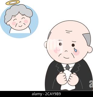 Un homme âgé portant un costume noir en deuil se remémorant sa femme tardive. Illustration vectorielle isolée sur fond blanc. Illustration de Vecteur