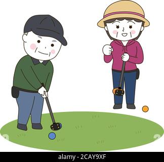 Homme et femme âgés jouant au golf. Illustration vectorielle isolée sur fond blanc. Illustration de Vecteur